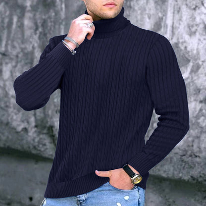 Men's Elegant Knit Sweater with Stand-Up Collar and Fine Cable Knit Pattern Skorter