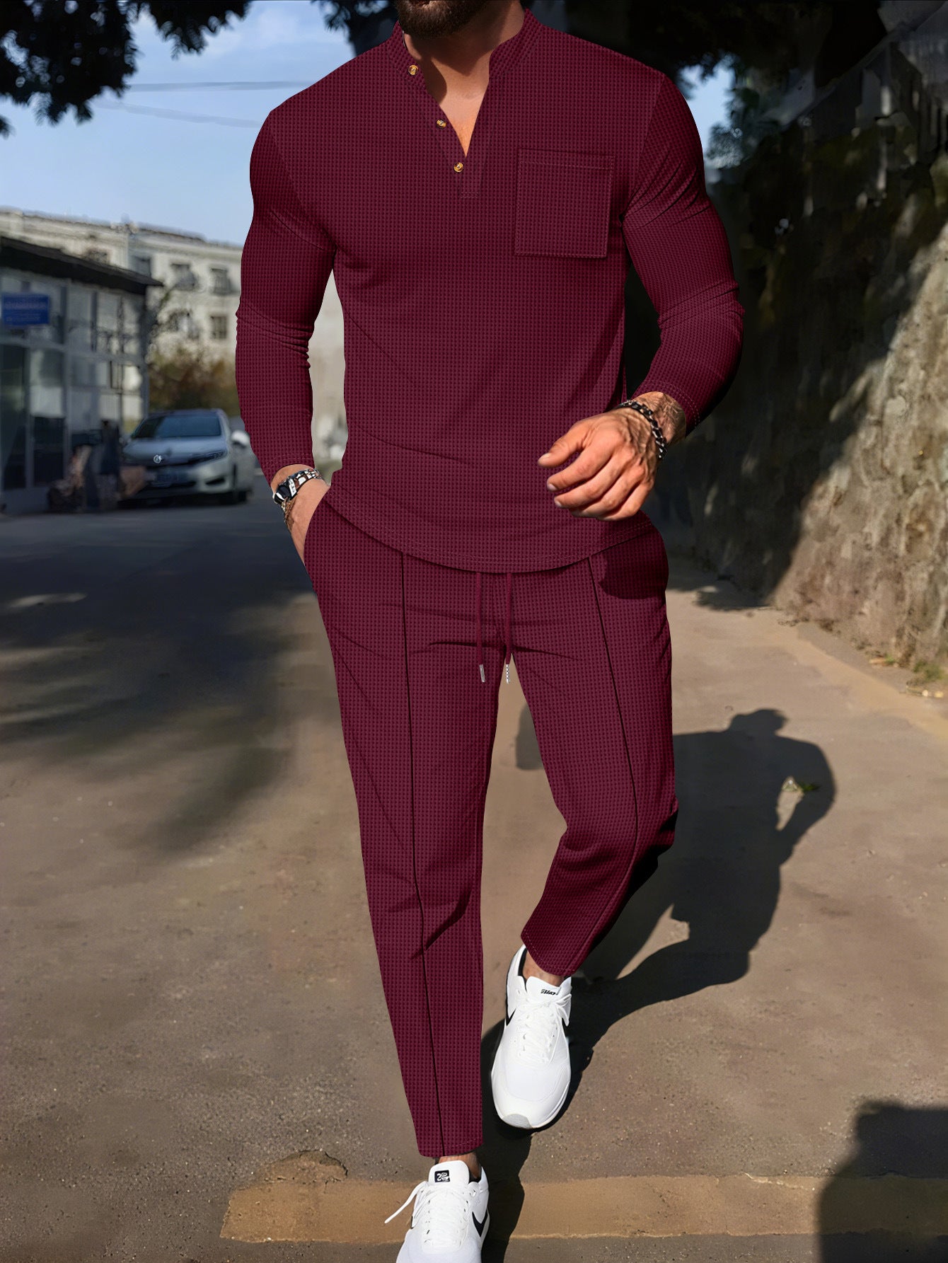 Men's stylish leisure suit set with textured top and comfortable joggers Skorter