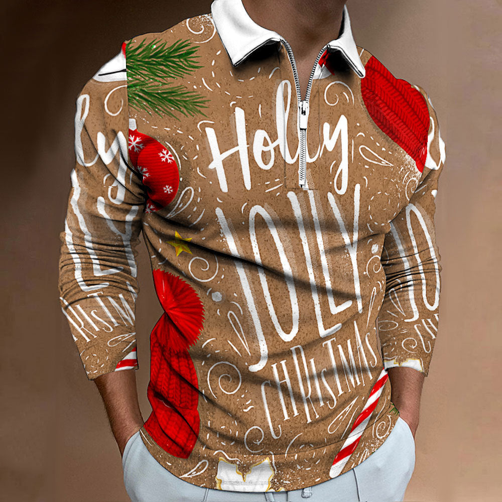 Men's Long Sleeve Polo Shirt with Festive Christmas Motif Skorter