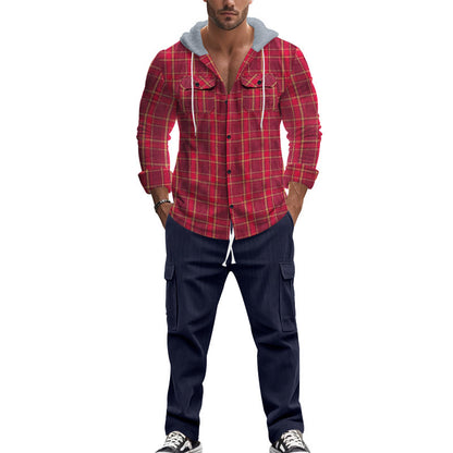 Men's plaid leisure shirt with hood and practical kangaroo pockets Skorter