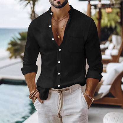 Men's summer long-sleeve shirt with a modern stand-up collar and practical breast pocket Skorter
