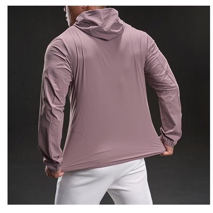 Andningsbar herrträningstopp med huva och dragkedja i fickan Skorter