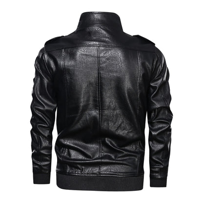 Men's Biker Jacket Made Of Artificial Leather with Numerous Pockets and Stand-Up Collar Skorter