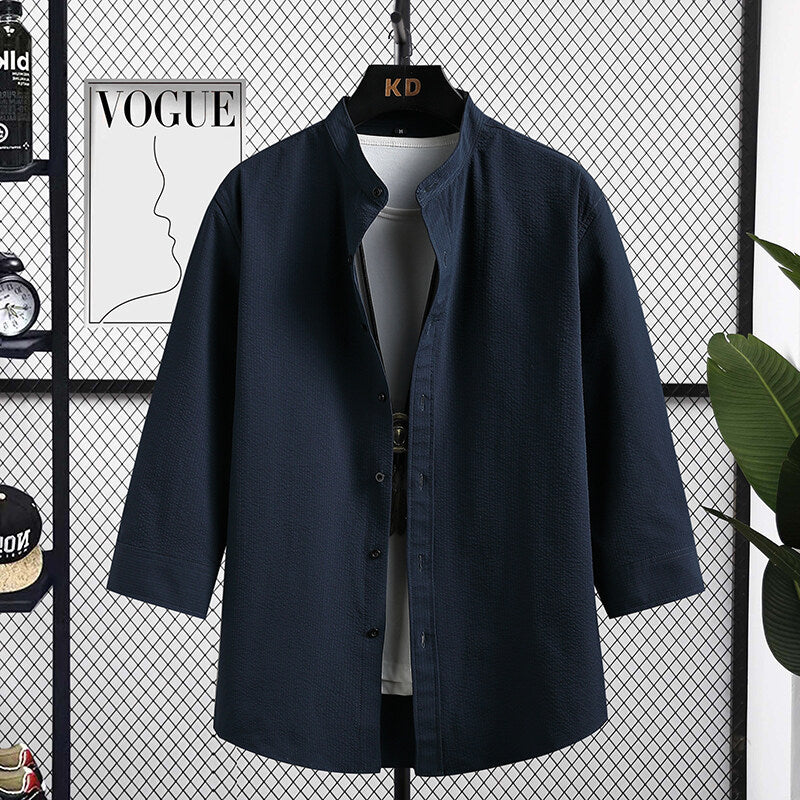 Men's Nice Long Sleeve Shirt with Modern Stand-Up Collar and Textured Fabric Skorter