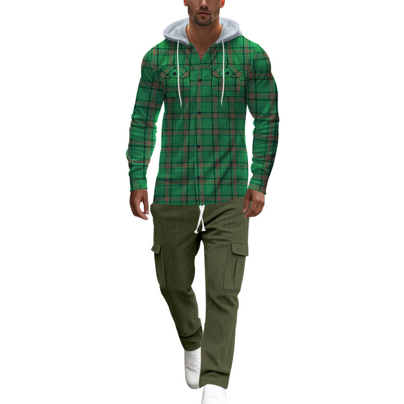 Men's plaid leisure shirt with hood and practical kangaroo pockets Skorter