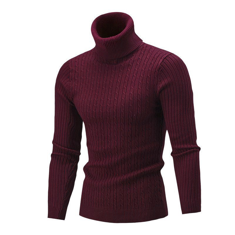 Men's Elegant Knit Sweater with Stand-Up Collar and Fine Cable Knit Pattern Skorter