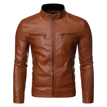 Men's biker jacket made of high-quality leather with zippered pockets Skorter
