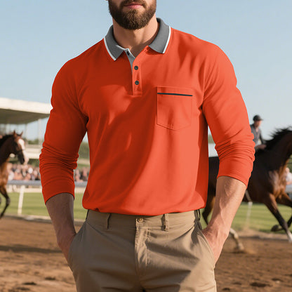 Men's stylish long sleeve polo shirt with textured surface and practical chest pocket Skorter