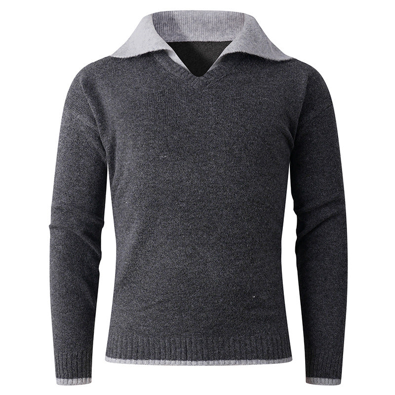 Men's V-neck sweater with shirt collar and fine texture Skorter