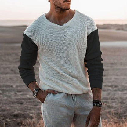 Men's stylish knit sweater with V-neck and textured surface Skorter