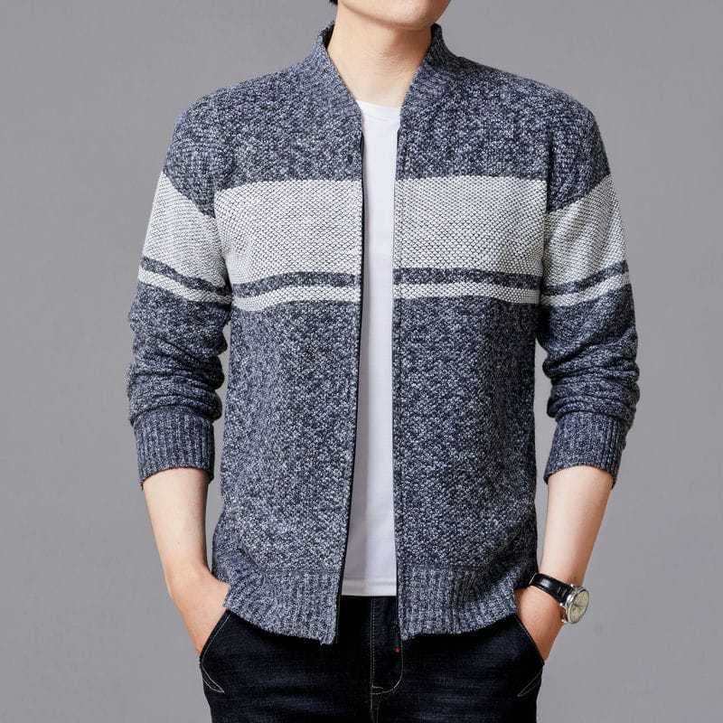 Men's Cardigan with Modern Cable Pattern and Zipper Skorter