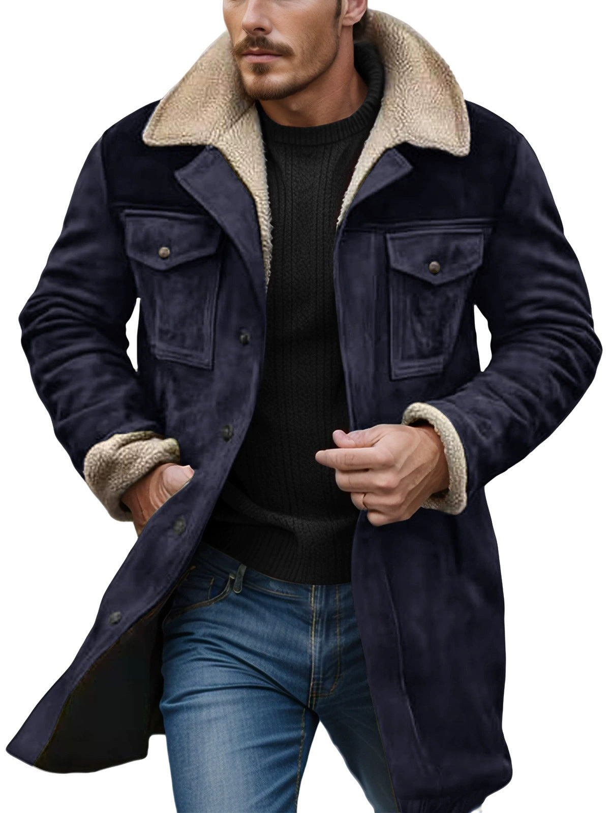 Men's suede long coat with teddy lining and practical pockets Skorter