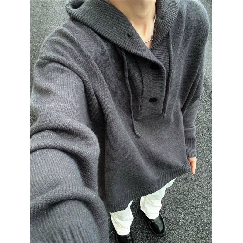 Men's casual hooded sweater with button placket and thicker knit structure Skorter