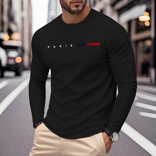 Men's Long Sleeve T-Shirt with Modern Paris Print and Elastic Hem Skorter