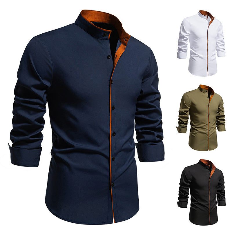 Men's long sleeve shirt with modern stand-up collar and embroidered detail Skorter