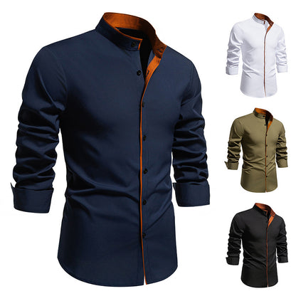 Men's long sleeve shirt with modern stand-up collar and embroidered detail Skorter