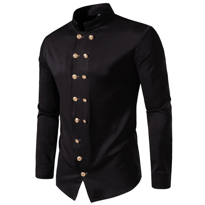 Men's Long Sleeve Shirt with Traditional Stand Collar and Decorative Buttons Skorter