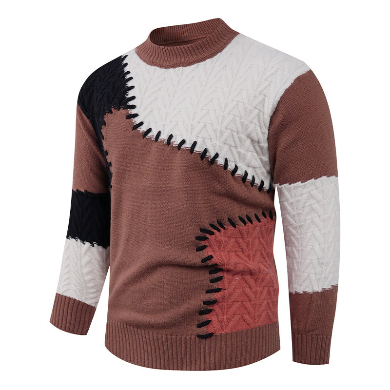 Men's Stylish Knit Sweater with Creative Patchwork Design Skorter