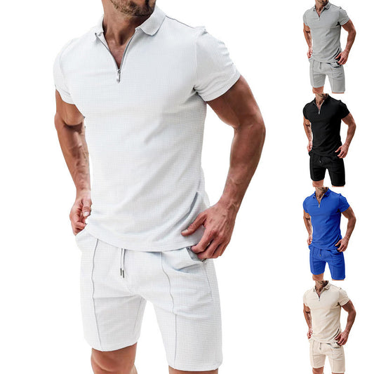 Men's sporty short-sleeve shirt with zipper and matching shorts Skorter