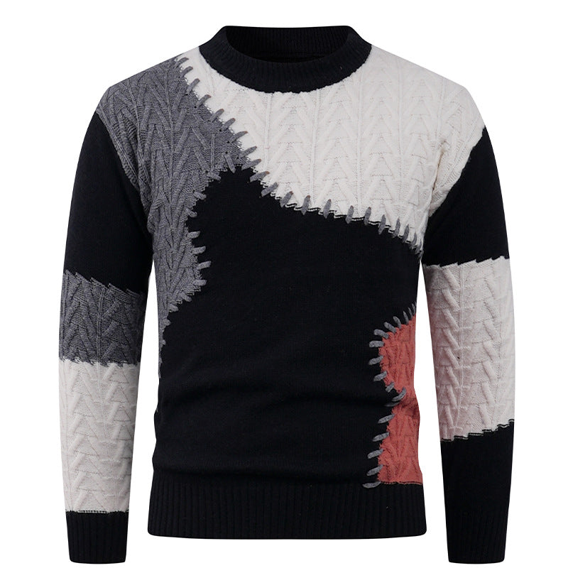 Men's Stylish Knit Sweater with Creative Patchwork Design Skorter