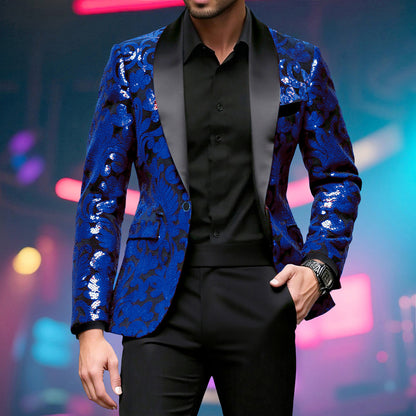 Men Sparkling Sequin Blazer with Floral Design Skorter