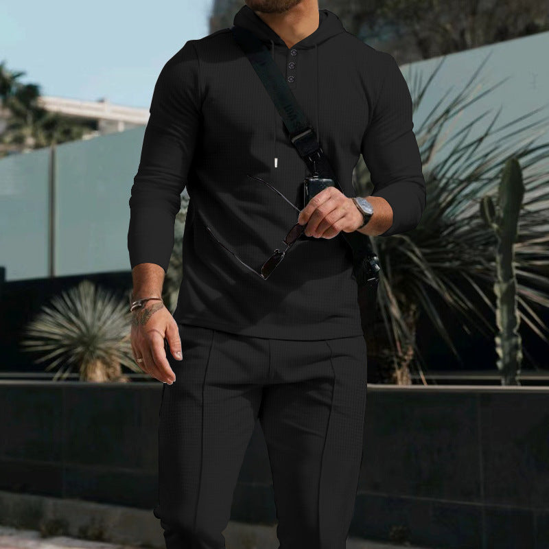Men's Sporty Long Sleeve Hoodie with Button Placket and Textured Design Skorter