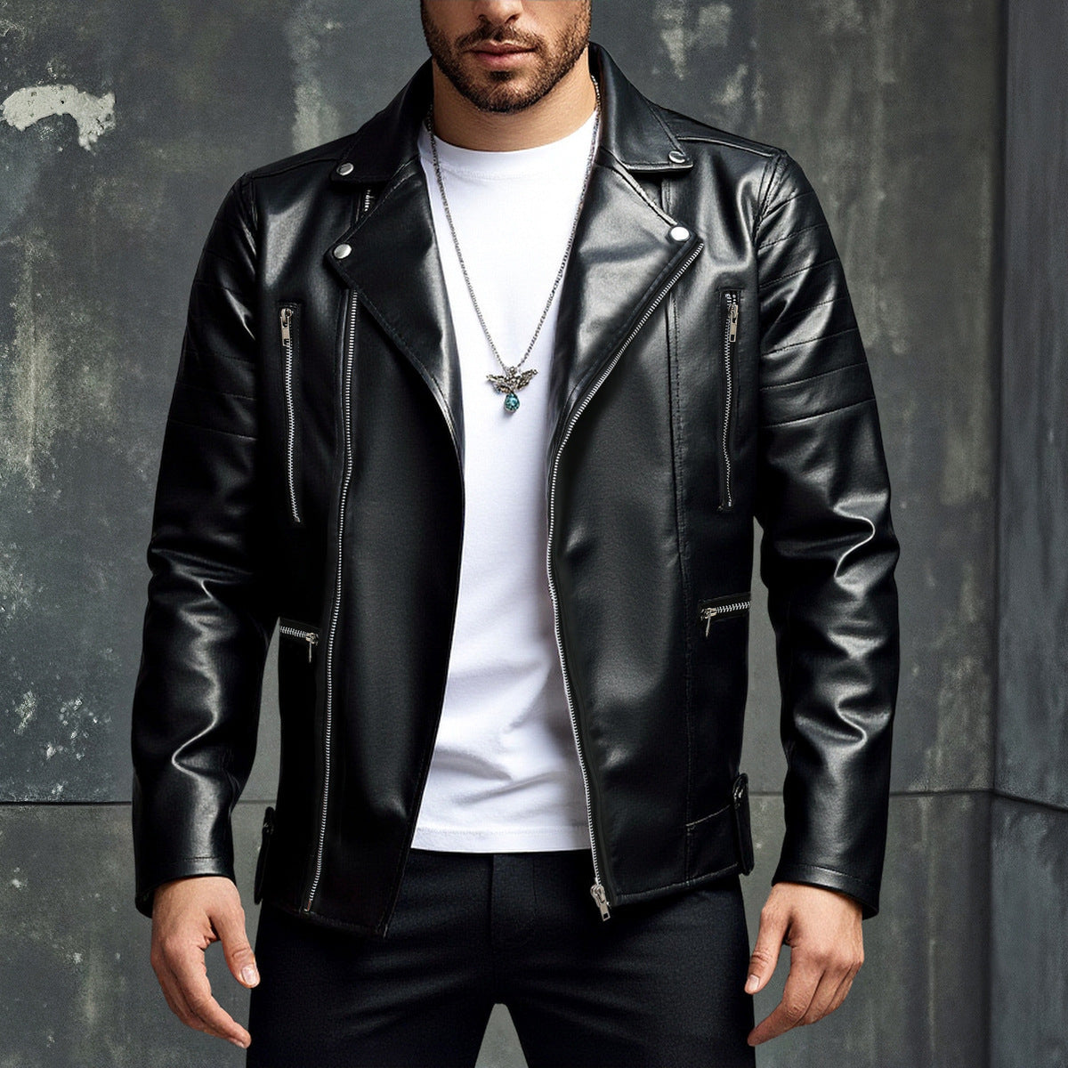 Herr bikerjacka i skinn med asymmetrisk dragkedja och praktiska fickor Skorter