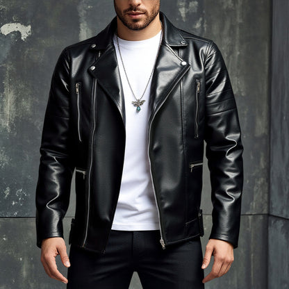 Herr bikerjacka i skinn med asymmetrisk dragkedja och praktiska fickor Skorter