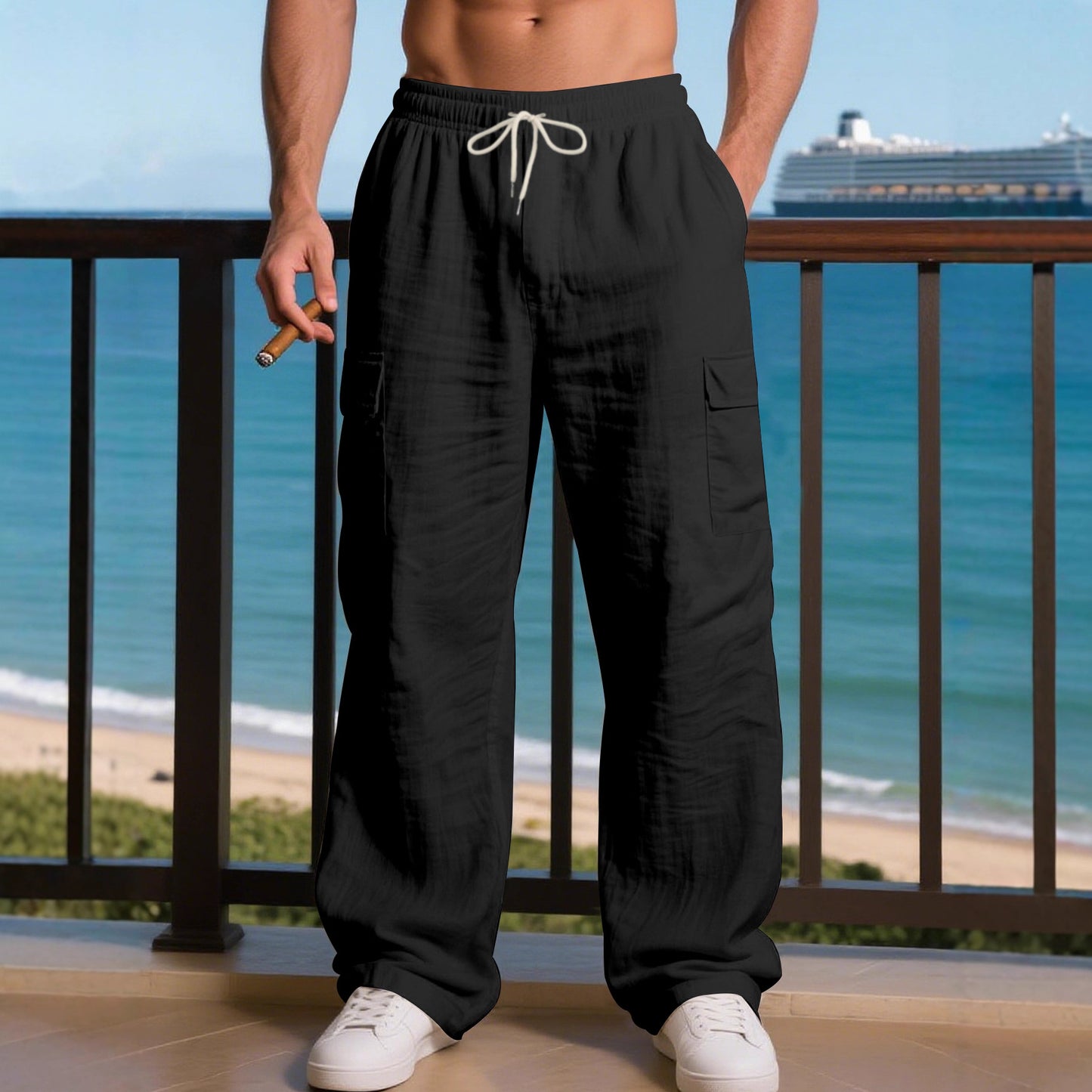 Men's relaxed cargo pants with elastic waistband and practical side pockets Skorter