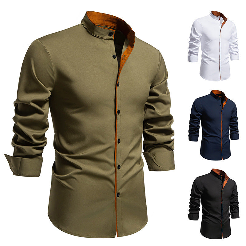 Men's long sleeve shirt with modern stand-up collar and embroidered detail Skorter