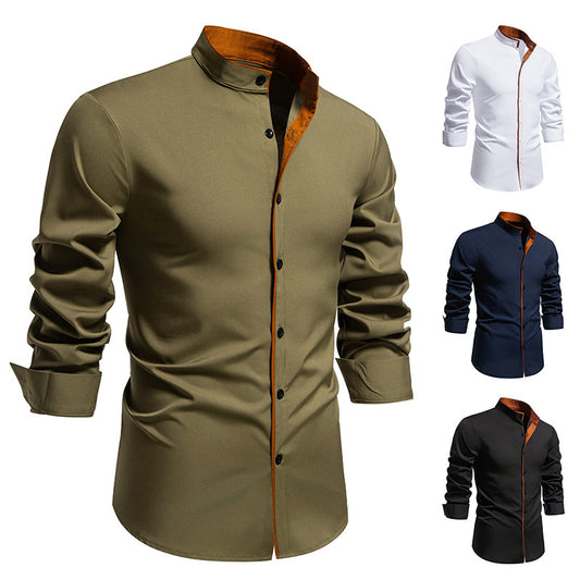 Men's long sleeve shirt with modern stand-up collar and embroidered detail Skorter