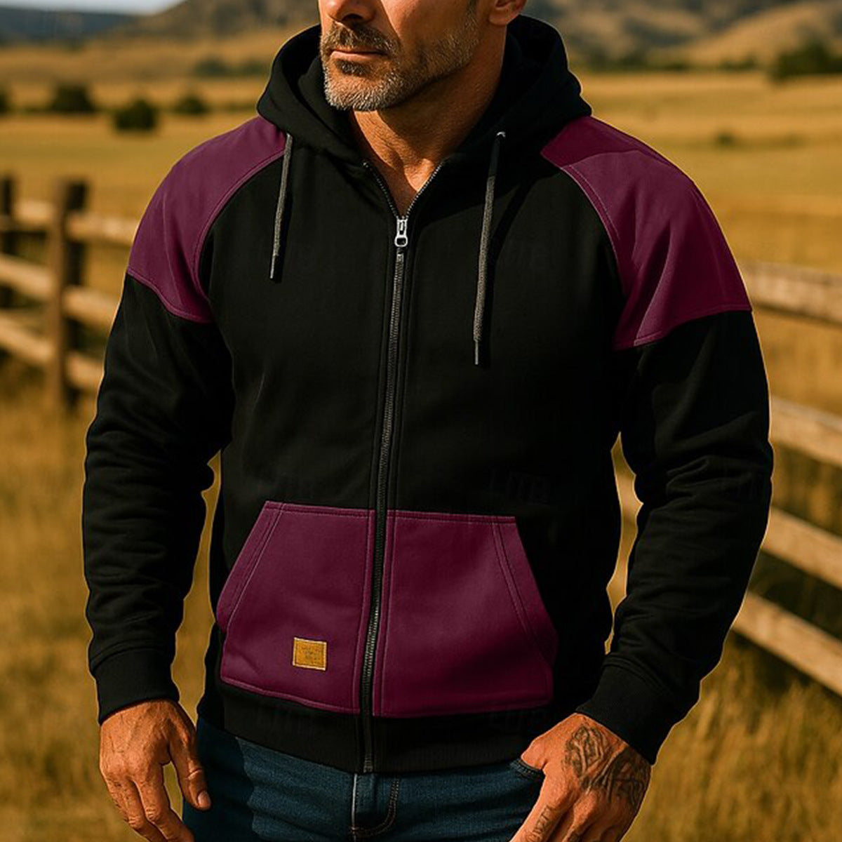 Herr sportjacka med huva och färgblocksdesign, skorter