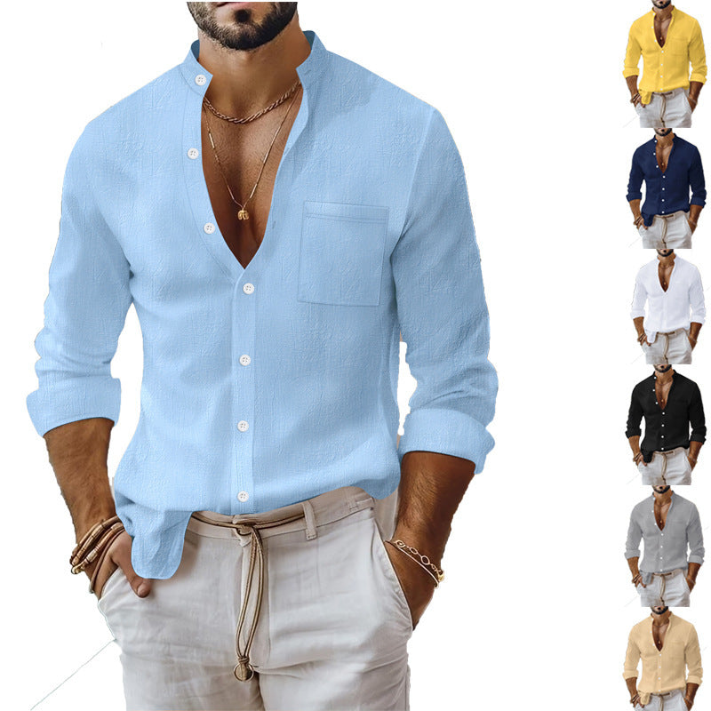 Men's summer long-sleeve shirt with a modern stand-up collar and practical breast pocket Skorter