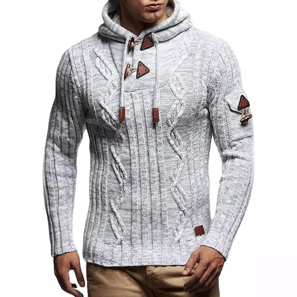 Men's chunky knit sweater with hood and decorative lace-up details Skorter