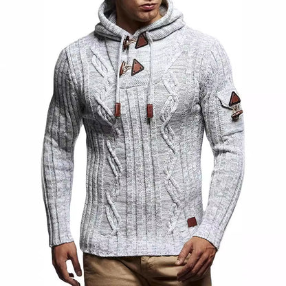 Men's chunky knit sweater with hood and decorative lace-up details Skorter