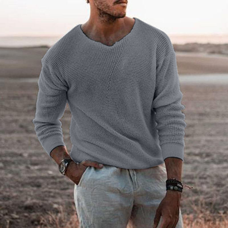 Men's stylish knit sweater with V-neck and textured surface Skorter