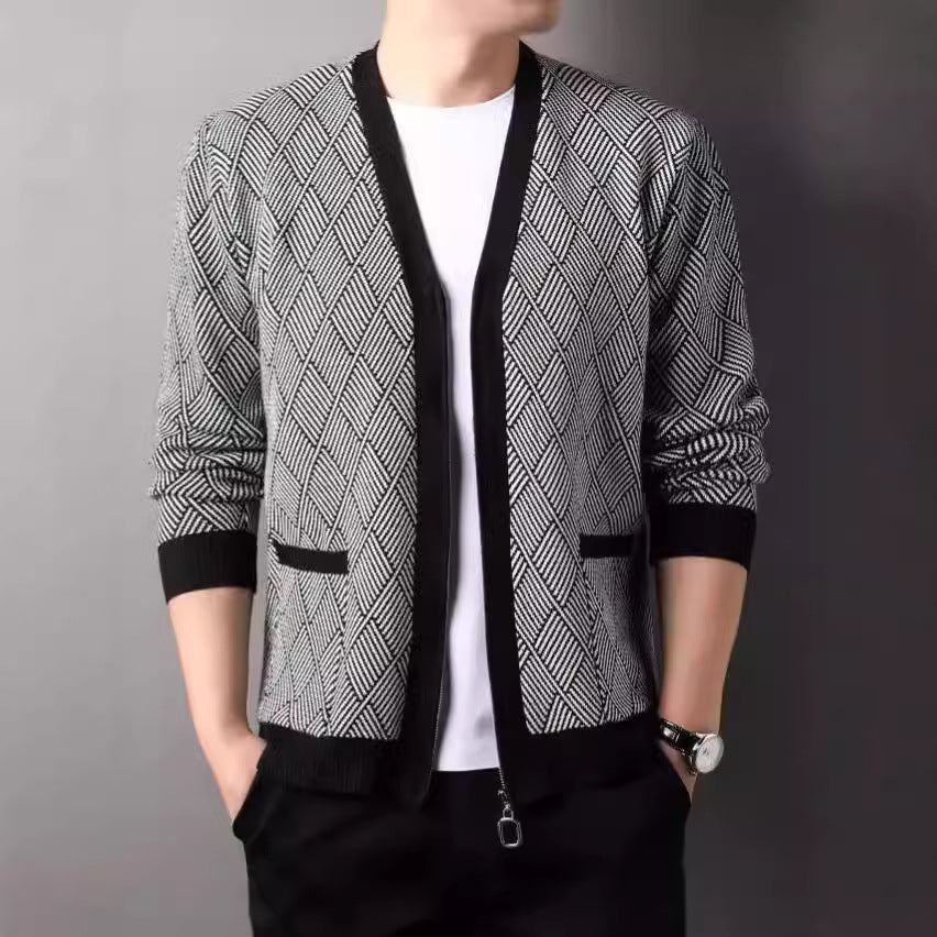 Men's cardigan with modern diamond pattern and high collar Skorter