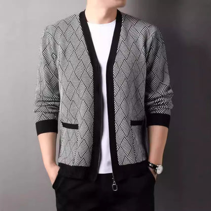Men's cardigan with modern diamond pattern and high collar Skorter