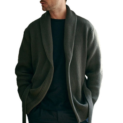 Men's stylish knit cardigan with belt and deep collar Skorter