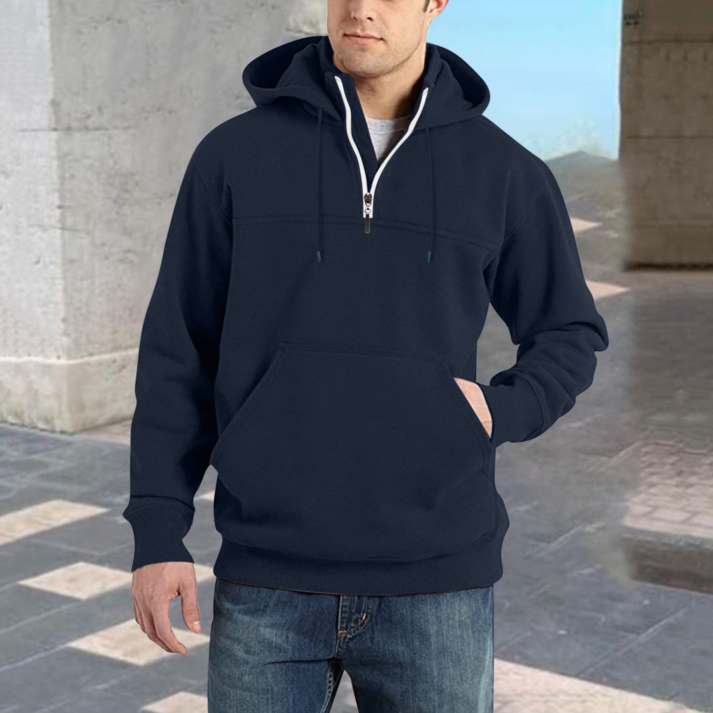 Men's stylish hoodie with half zipper and practical kangaroo pockets Skorter