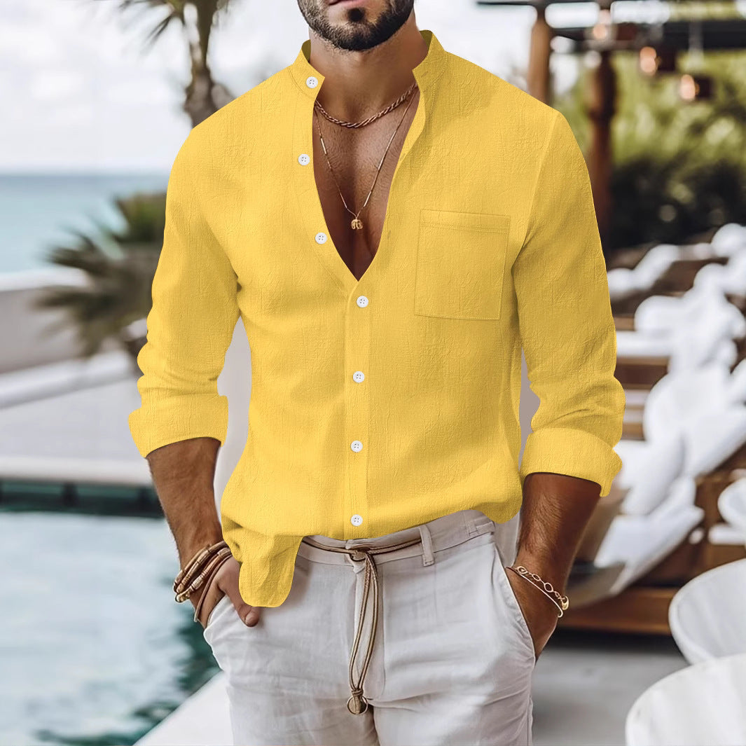 Men's summer long-sleeve shirt with a modern stand-up collar and practical breast pocket Skorter