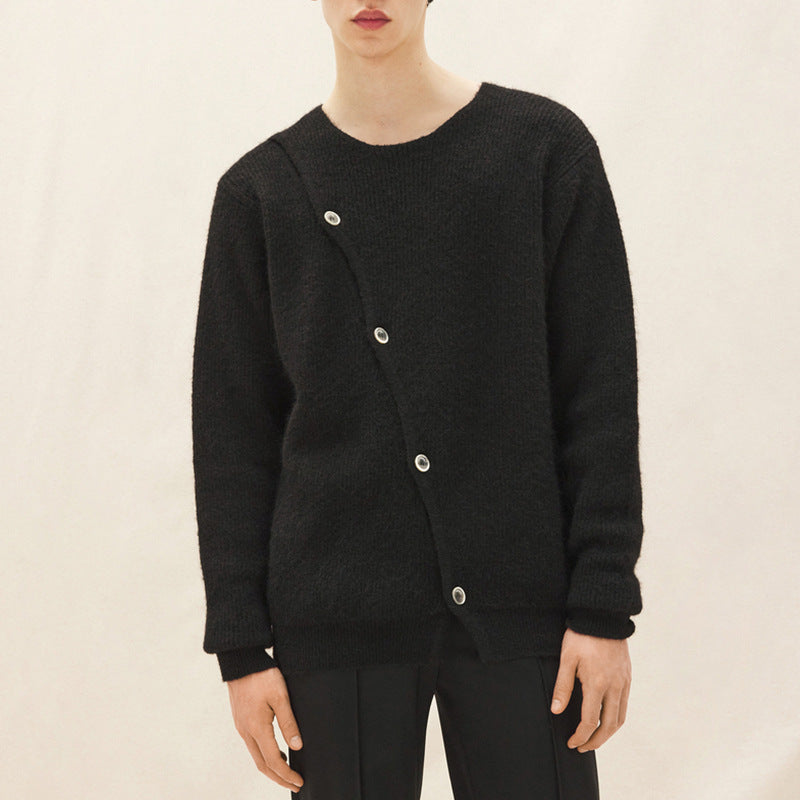 Men's stylish knitted sweater with asymmetrical cut and snap buttons Skorter