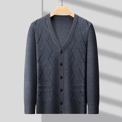 Men's Cardigan with Deep V-Neck and Elegant Diamond Pattern Skorter