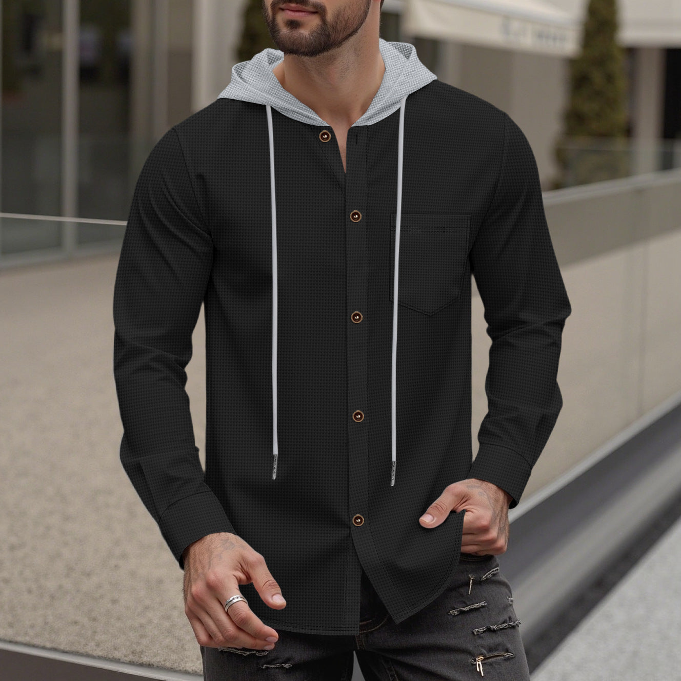 Men's stylish hoodie shirt with button placket and practical chest pocket Skorter