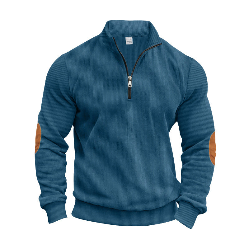 Men's Stand Collar Sweater with Zipper and Fashionable Elbow Patches Skorter
