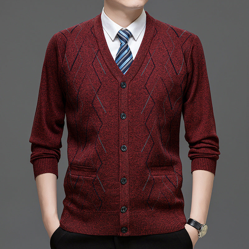 Men's Cardigan with Deep V-Neck and Elegant Diamond Pattern Skorter