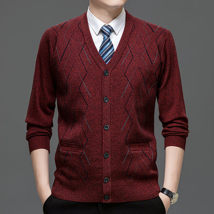 Men's Cardigan with Deep V-Neck and Elegant Diamond Pattern Skorter