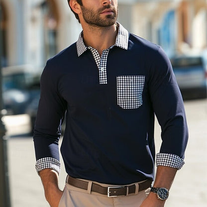 Men's long-sleeve shirt with checked collar and practical breast pocket Skorter