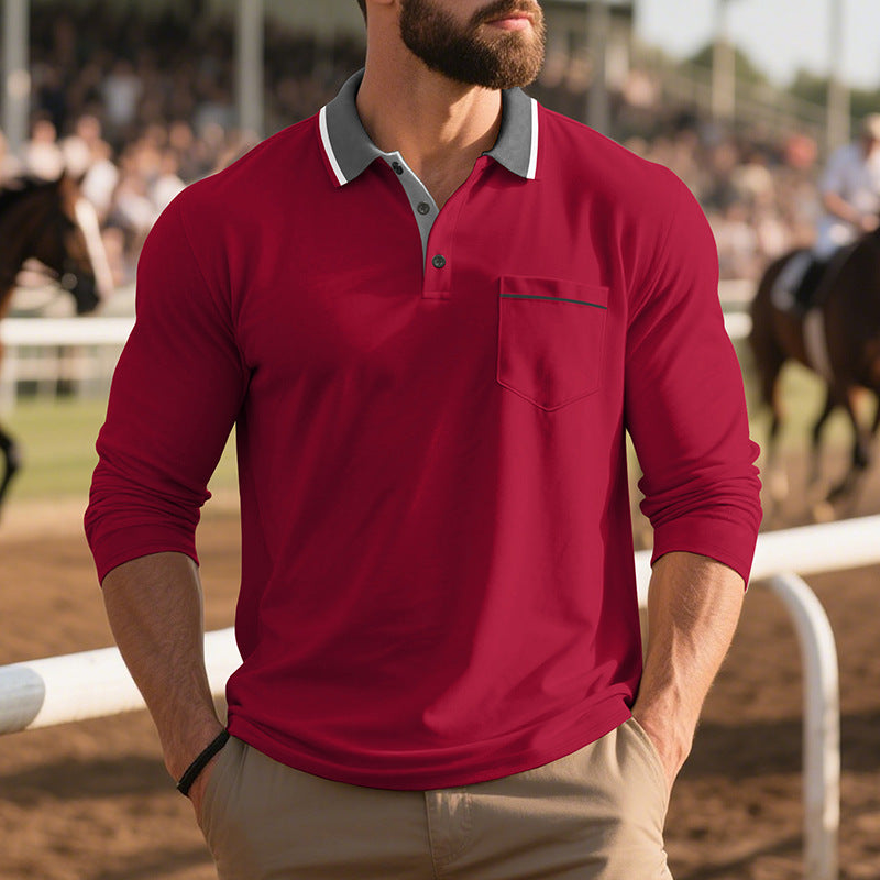 Men's stylish long sleeve polo shirt with textured surface and practical chest pocket Skorter