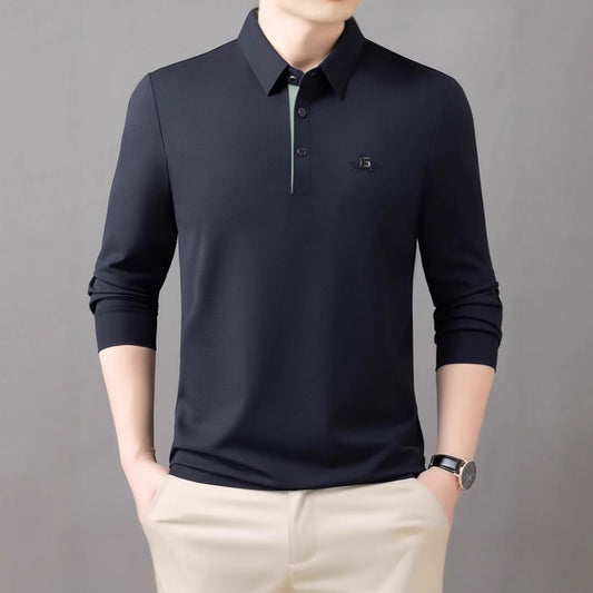 Herrpolo med lång ärm och modern krage, andningsbar